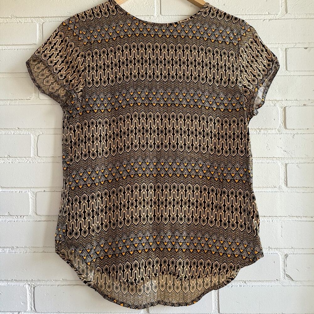 H&M Geometric Print Blouse Size 4 Brown Tan Mustard Short Sleeve Top